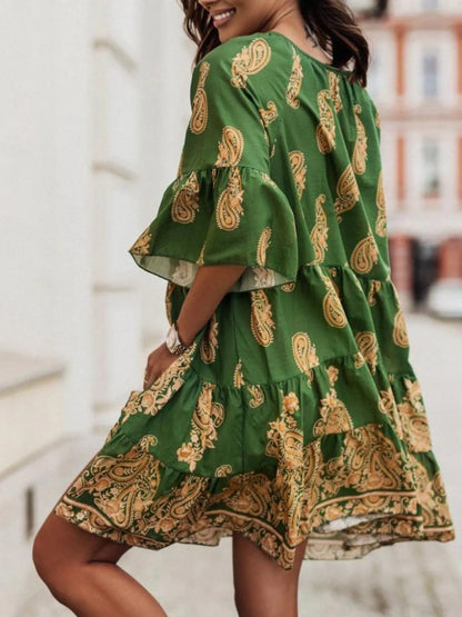 Paisley Print Tie Neck Half Sleeve Mini Dress-Nordavory