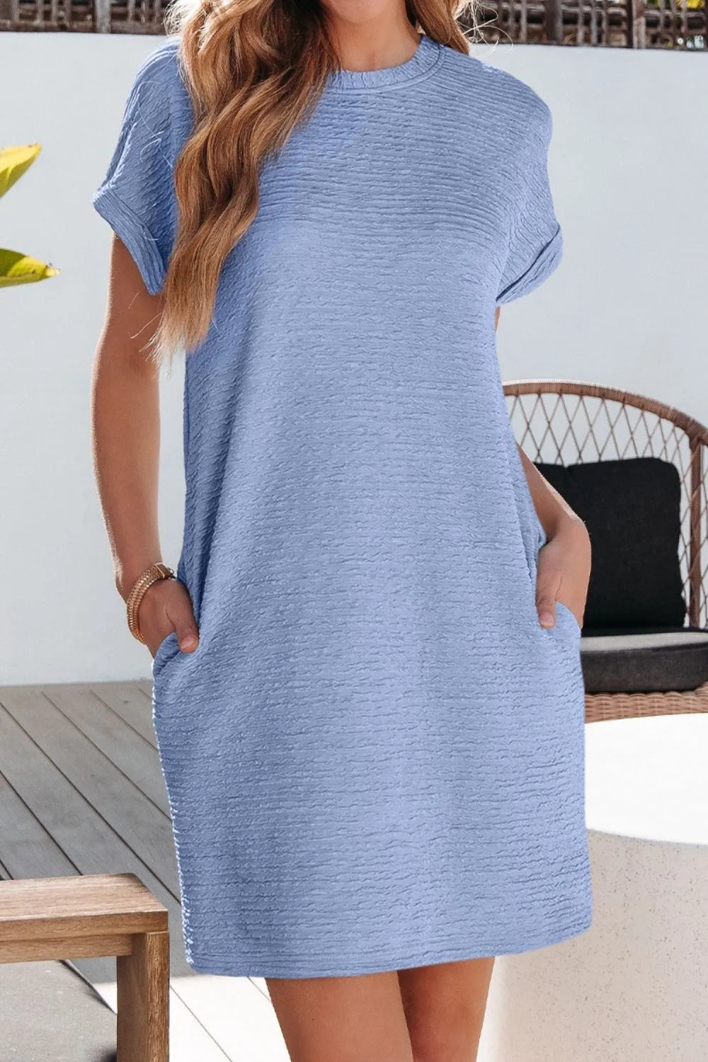Solid Color Textured Crinkle Short Sleeve T Shirt Dress-Nordavory