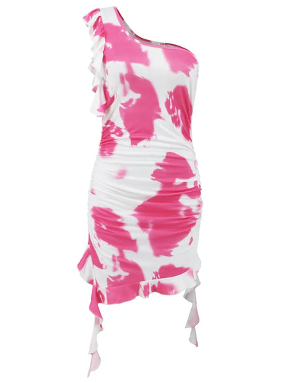 Ruffled Tie-Dye Single Shoulder Mini Dress-Nordavory