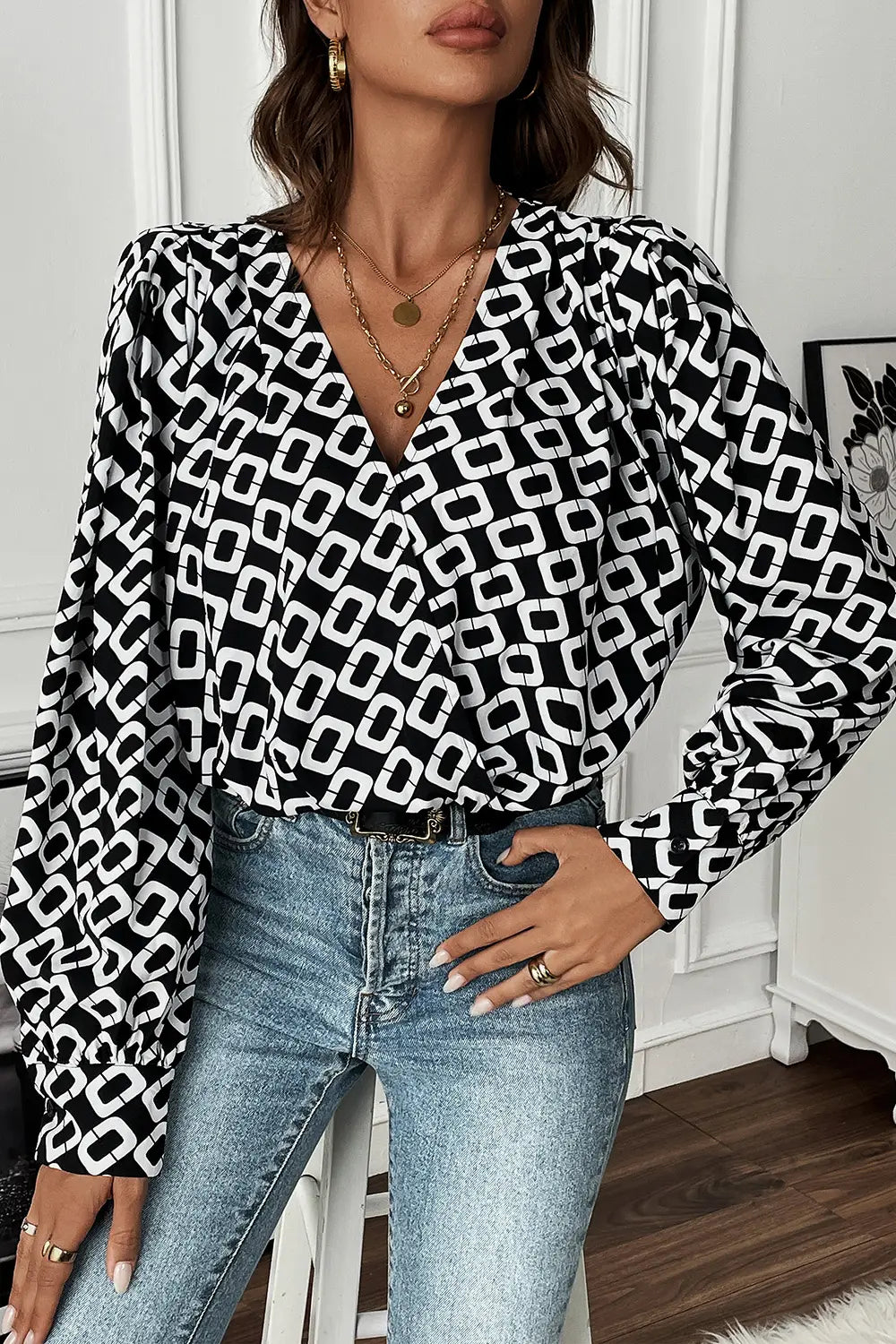 Perfee Geometric V-Neck Long Sleeve Blouse-Nordavory