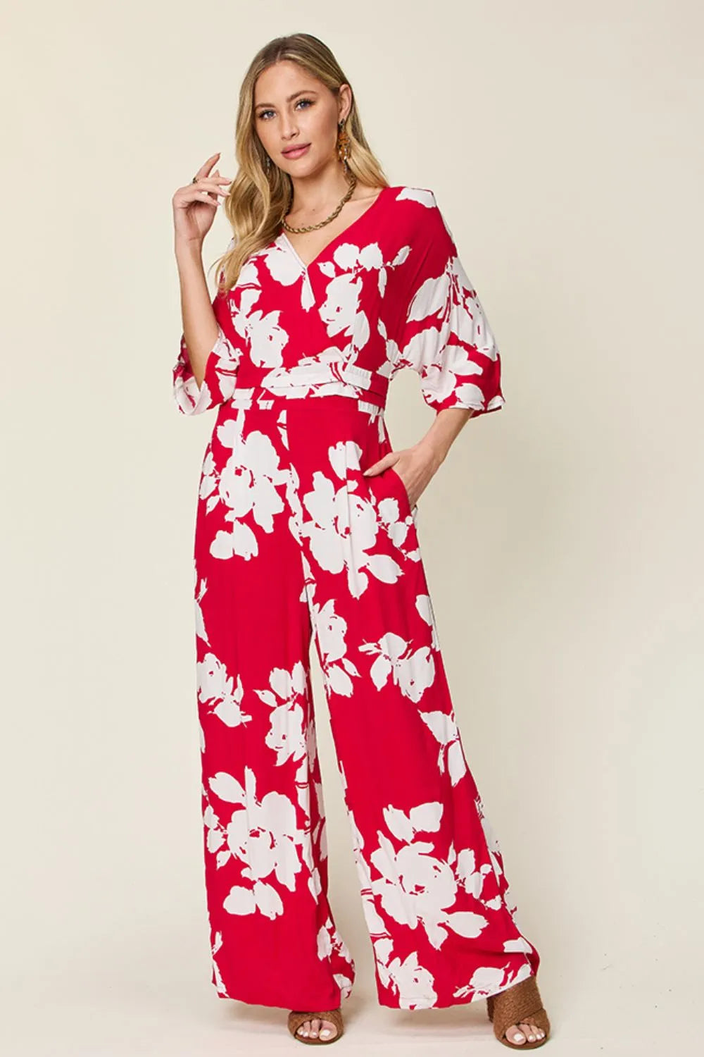 Double Take Full Size Printed Tie Back Wide Leg Jumpsuit-Nordavory