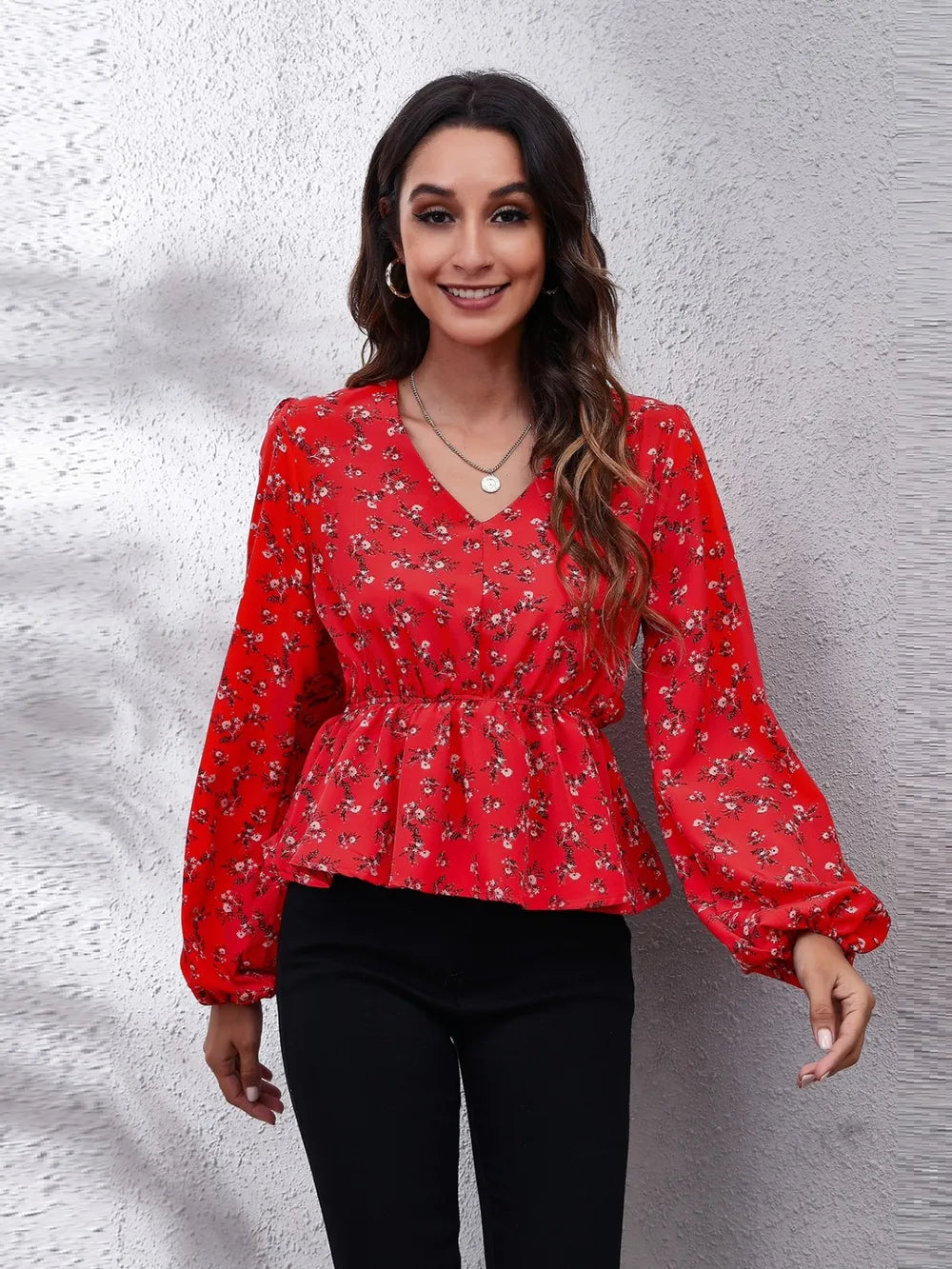 Floral V-Neck Balloon Sleeve Peplum Blouse-Nordavory