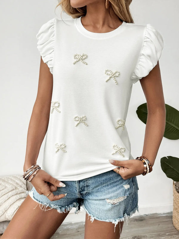 Pearl Bow Puff Sleeve T-Shirt-Nordavory