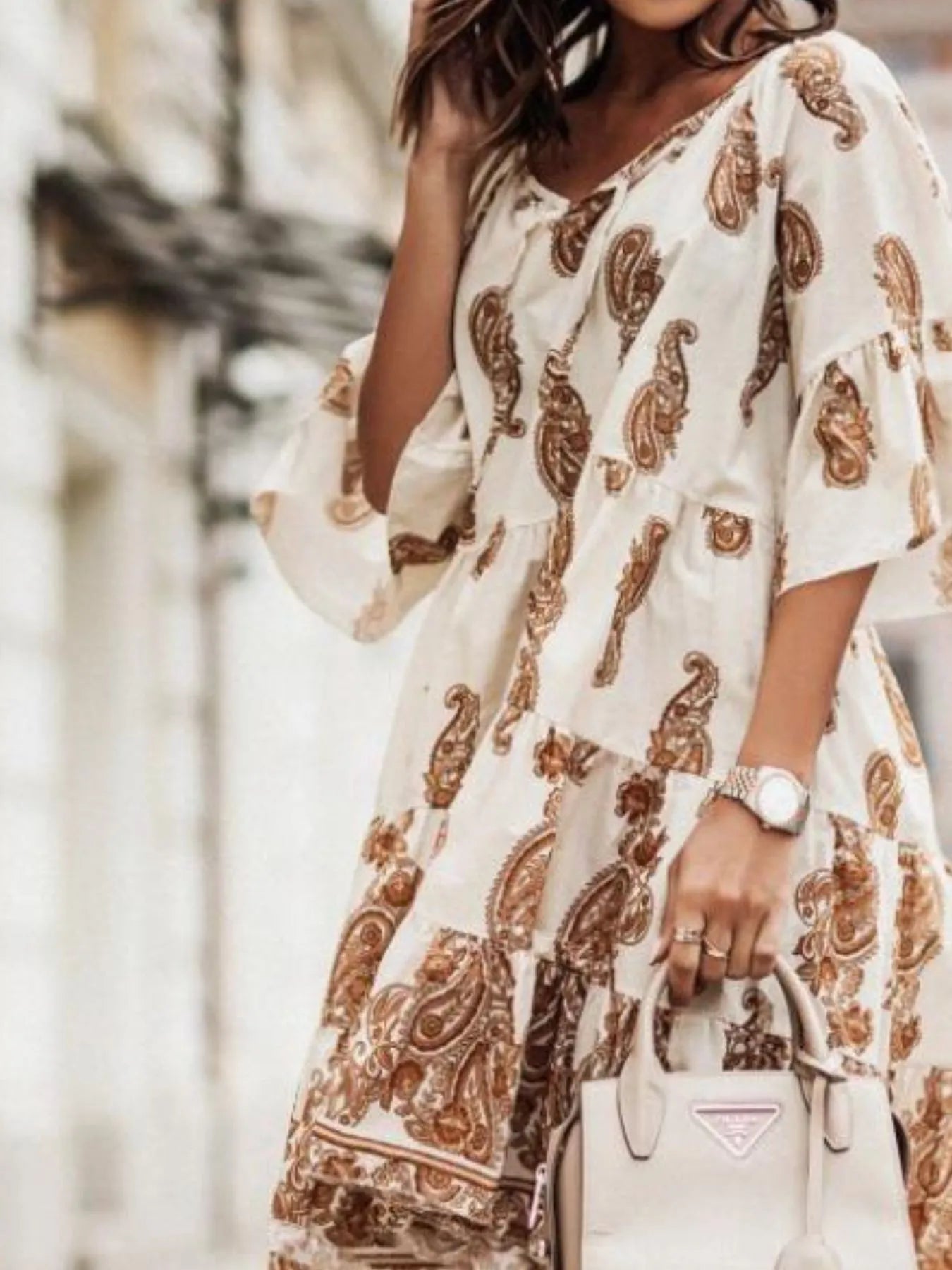 Paisley Print Tie Neck Half Sleeve Mini Dress-Nordavory