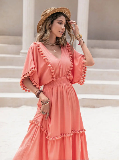 Tassel Trim Smocked V-Neck Short Sleeve Dress-Nordavory