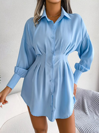 Elegant Button-Down Cinched Waist Mini Shirt Dress-Nordavory