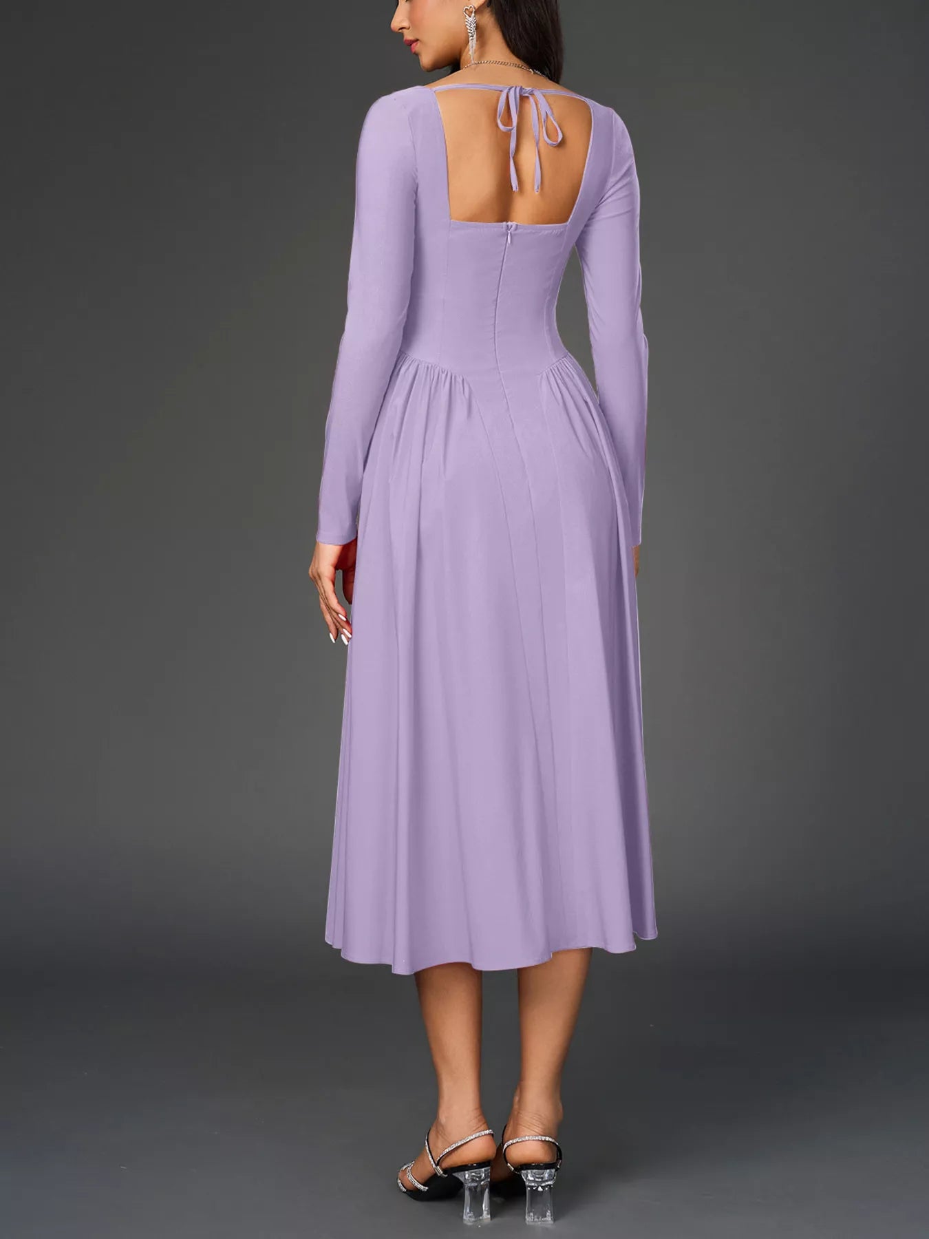 Sweetheart Neckline Long Sleeve A-Line Midi Dress-Nordavory