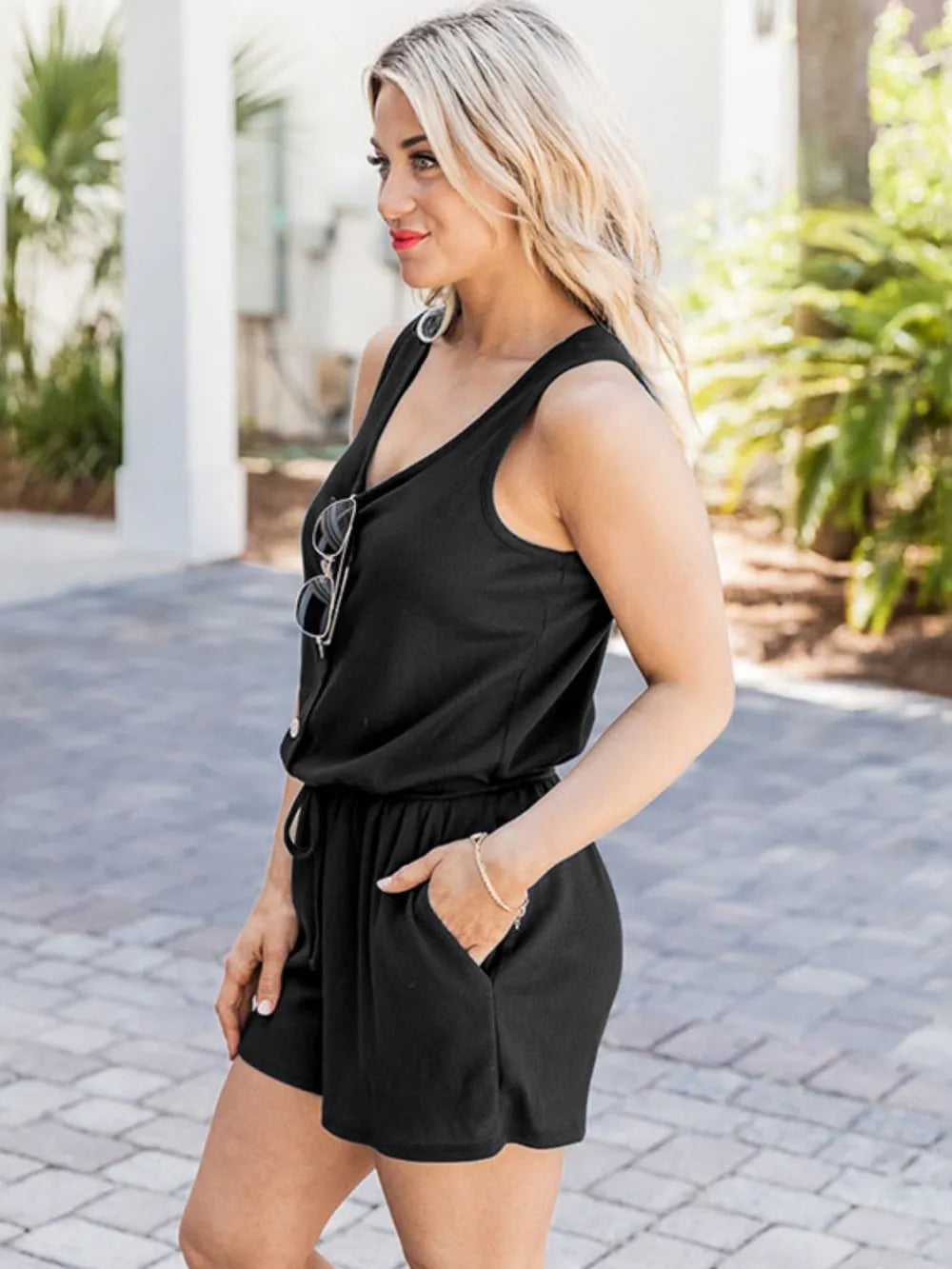 Scoop Neck Wide Strap Romper with Pockets-Nordavory