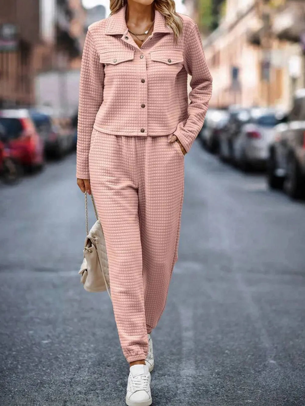 Plaid Texture Snap Down Top and Pants Set-Nordavory