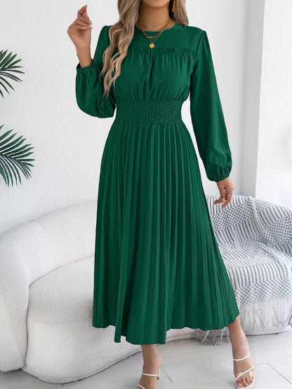 Smocked Pleated Long Sleeve Midi Dress-Nordavory