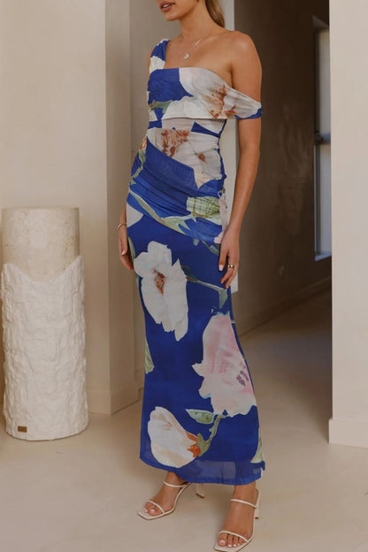 Floral Print One-Shoulder Ruched Maxi Dress-Nordavory