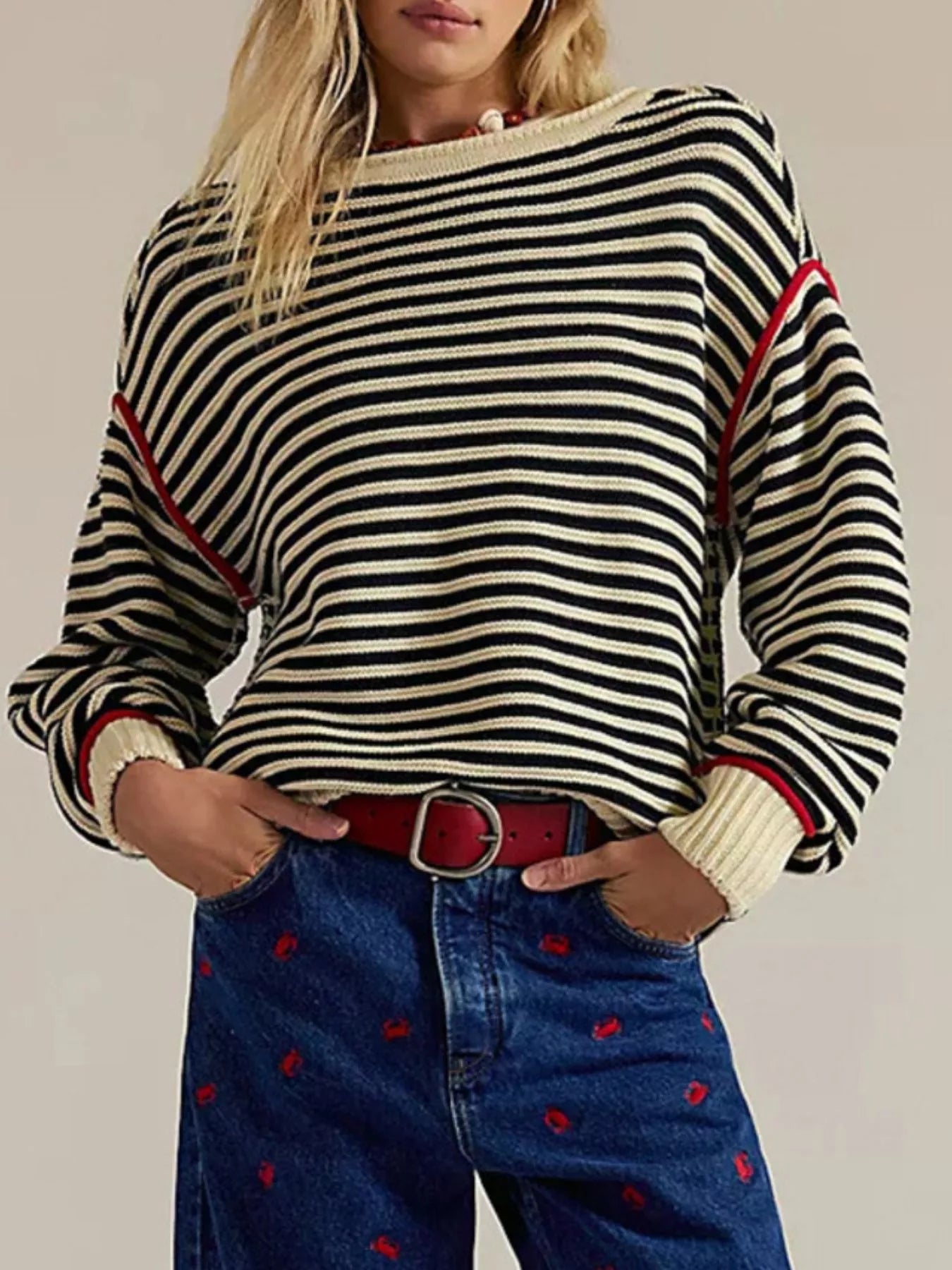 Striped Knit Round Neck Sweater-Nordavory