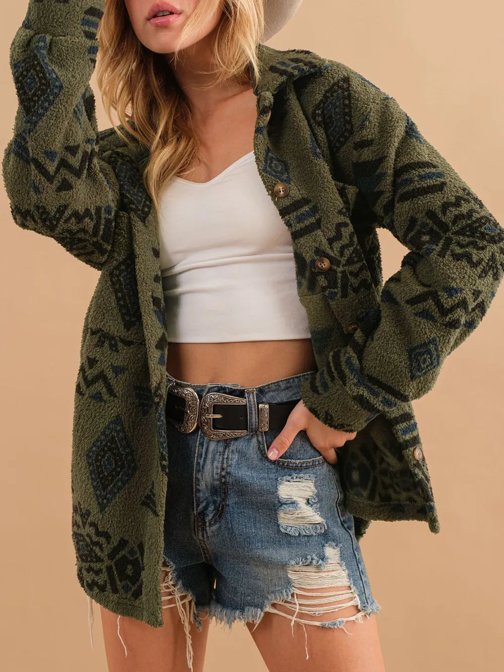 Geometric Button Up Long Sleeve Sherpa Jacket-Nordavory