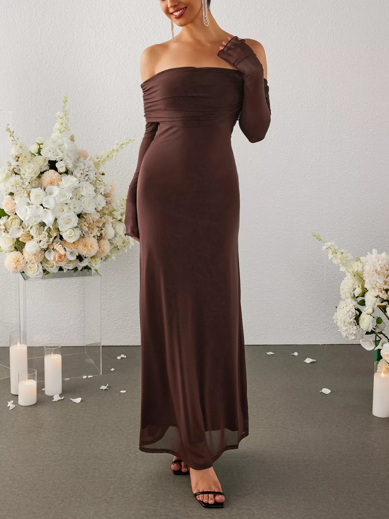 Off-Shoulder Ruched Long Sleeve Maxi Dress-Nordavory
