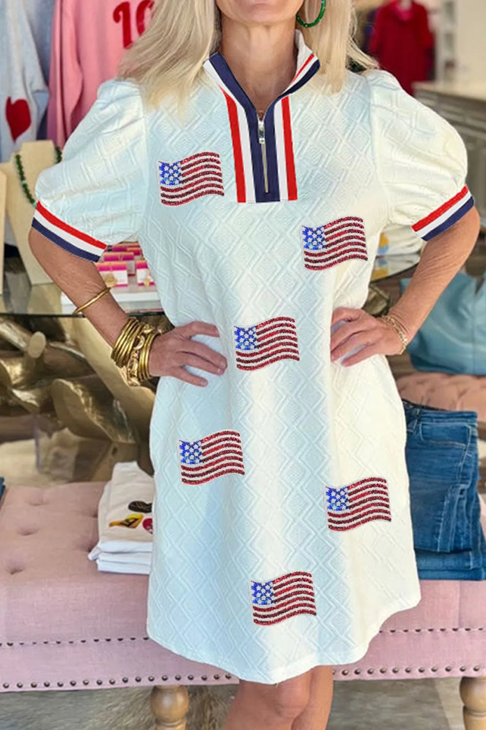 Patriotic American Flag Print Dress with Striped Collar-Nordavory