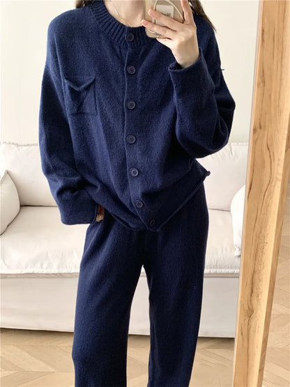 Pocketed Round Neck Button Up Cardigan and Pants Sweater Set-Nordavory