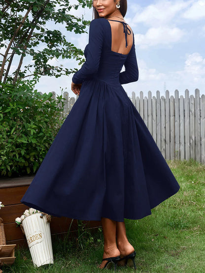 Sweetheart Neckline Long Sleeve A-Line Midi Dress-Nordavory