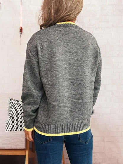 Ribbed Contrast Trim Long Sleeve Sweater-Nordavory