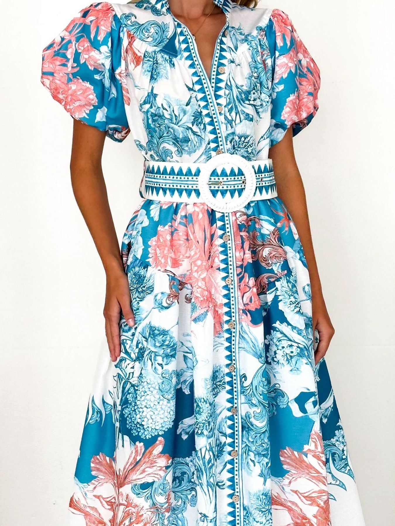 Printed Puff Sleeve Midi Dress-Nordavory