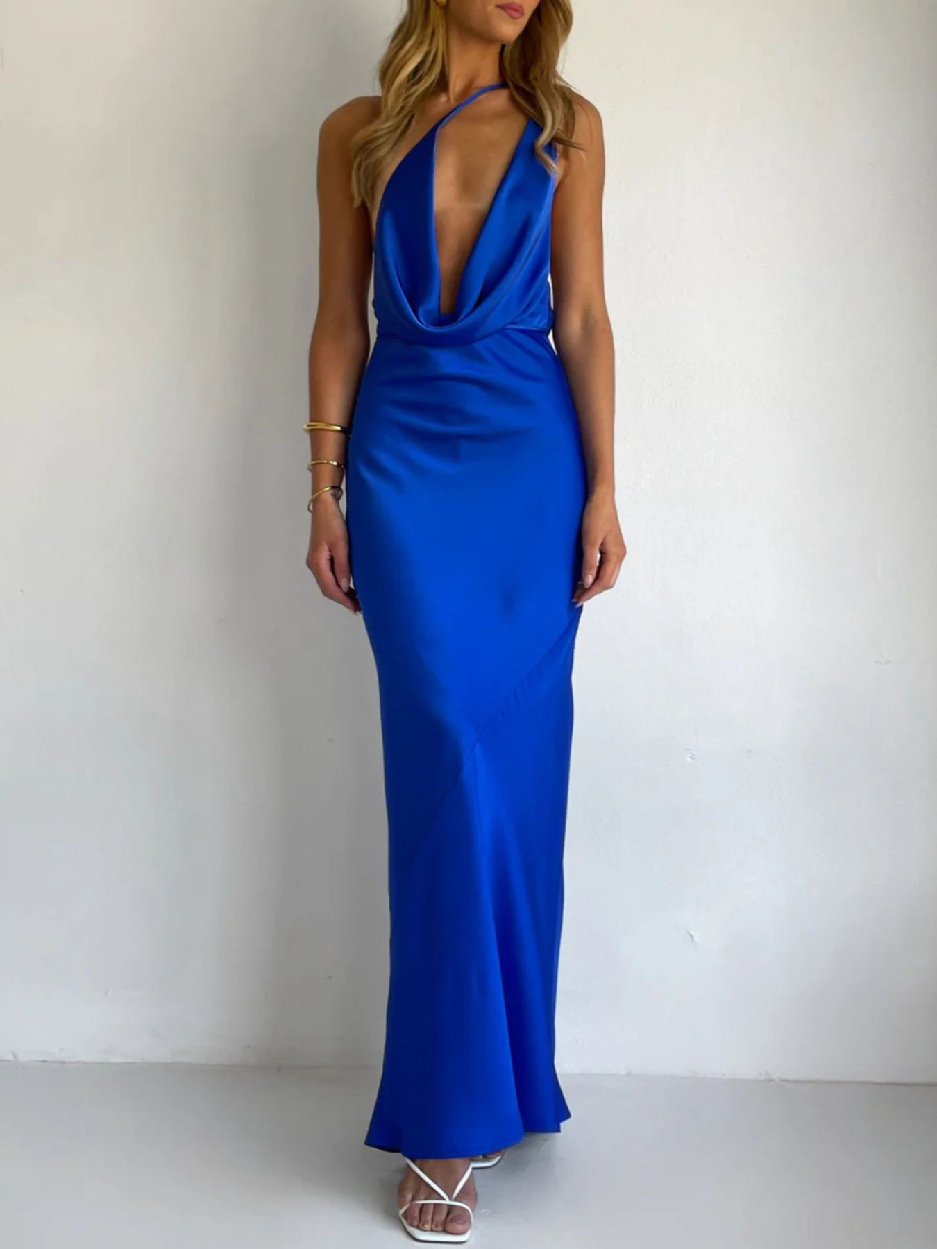Halter Neck Satin Maxi Dress-Nordavory