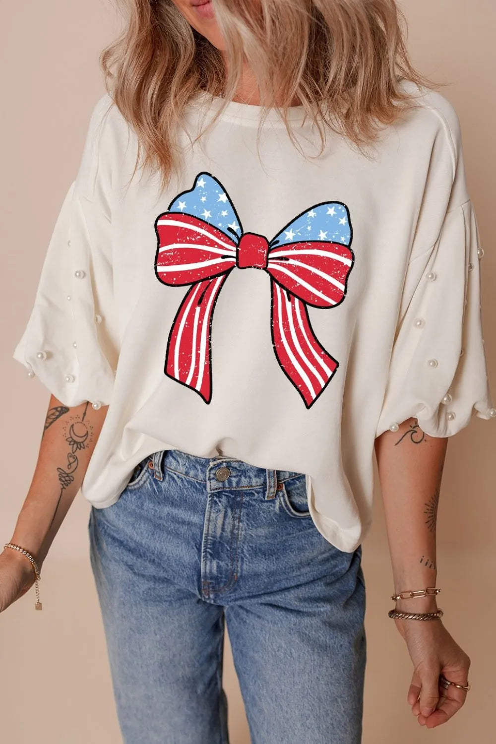Bowknot Graphic Pearl Puff Half Sleeve T Shirt-Nordavory