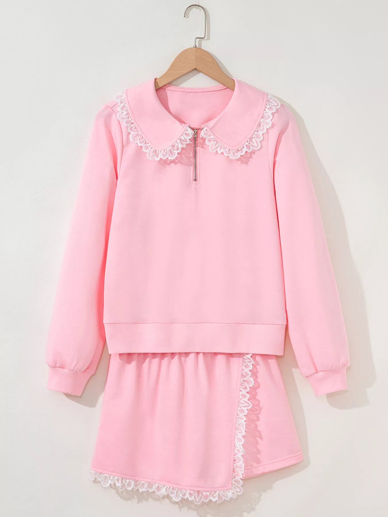 Peter Pan Lace Embellished Neck Sweatshirt and Skirt Two Piece Set-Nordavory