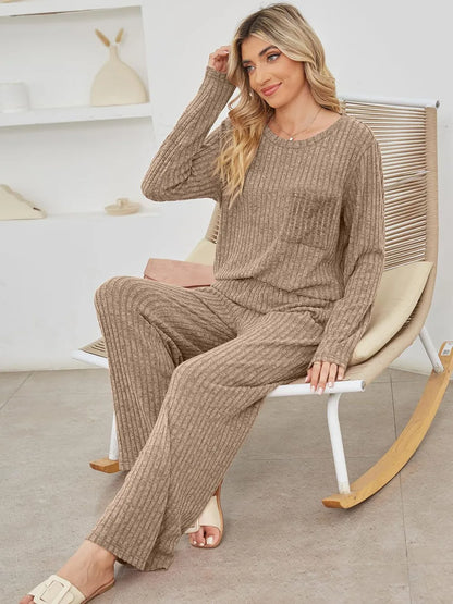 Round Neck Long Sleeve Top and Pants Set-Nordavory