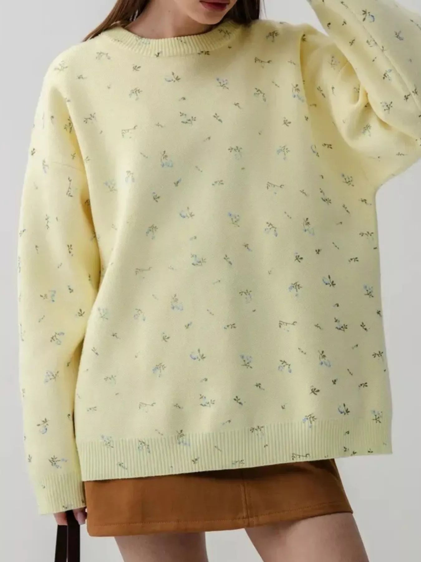 Ribbed Hem Floral Long Sleeve Sweater-Nordavory