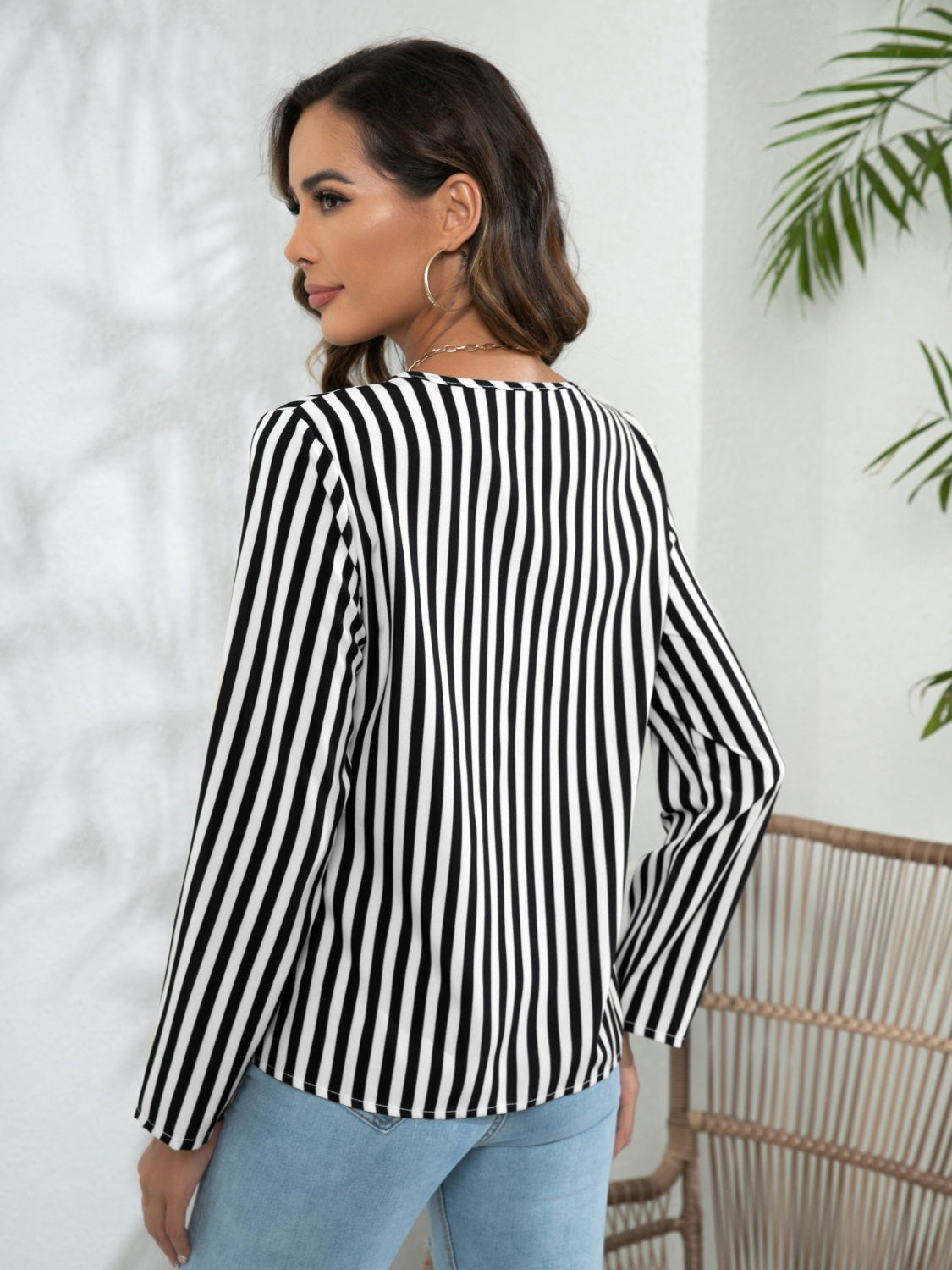 Striped Long Sleeve Notched Blouse-Nordavory