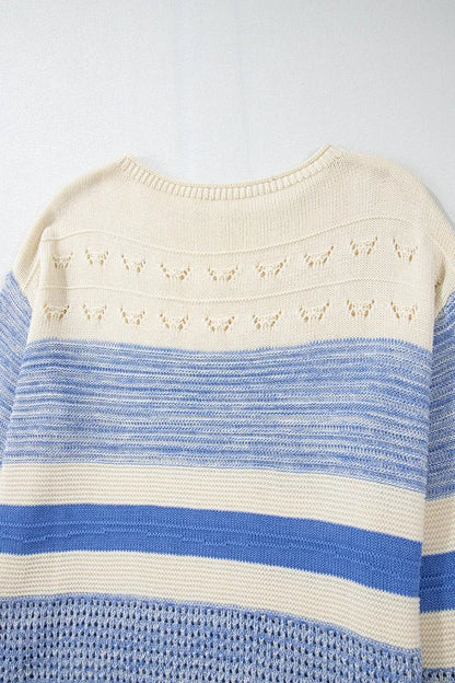 Openwork Striped Knit Long Sleeve Sweater-Nordavory