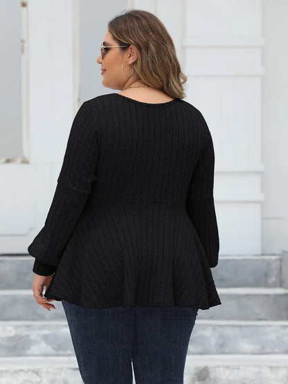 Plus Size Ribbed V-Neck Long Sleeve Blouse-Nordavory