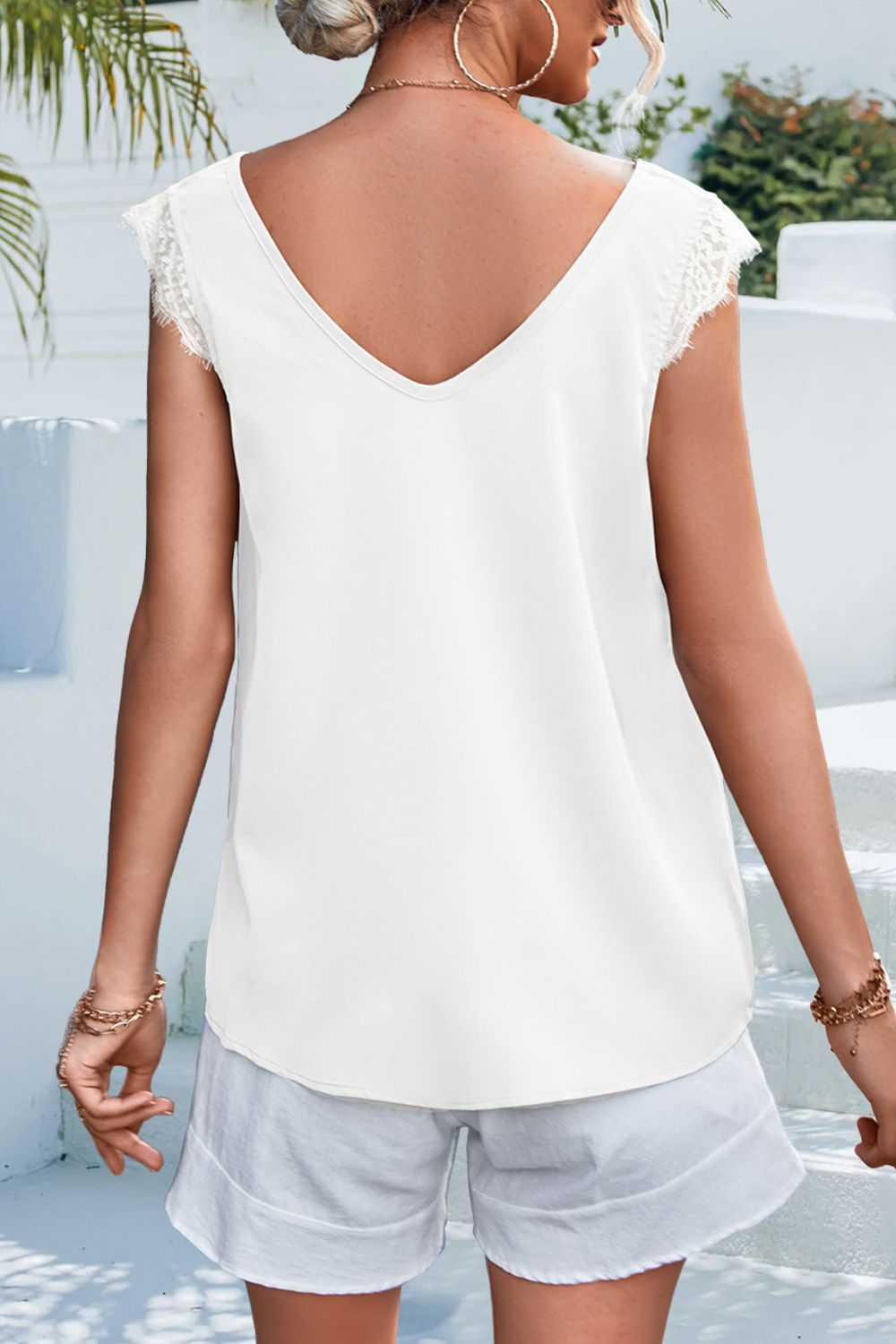 Lace Detail Eyelash Trim V-Neck Tank-Nordavory