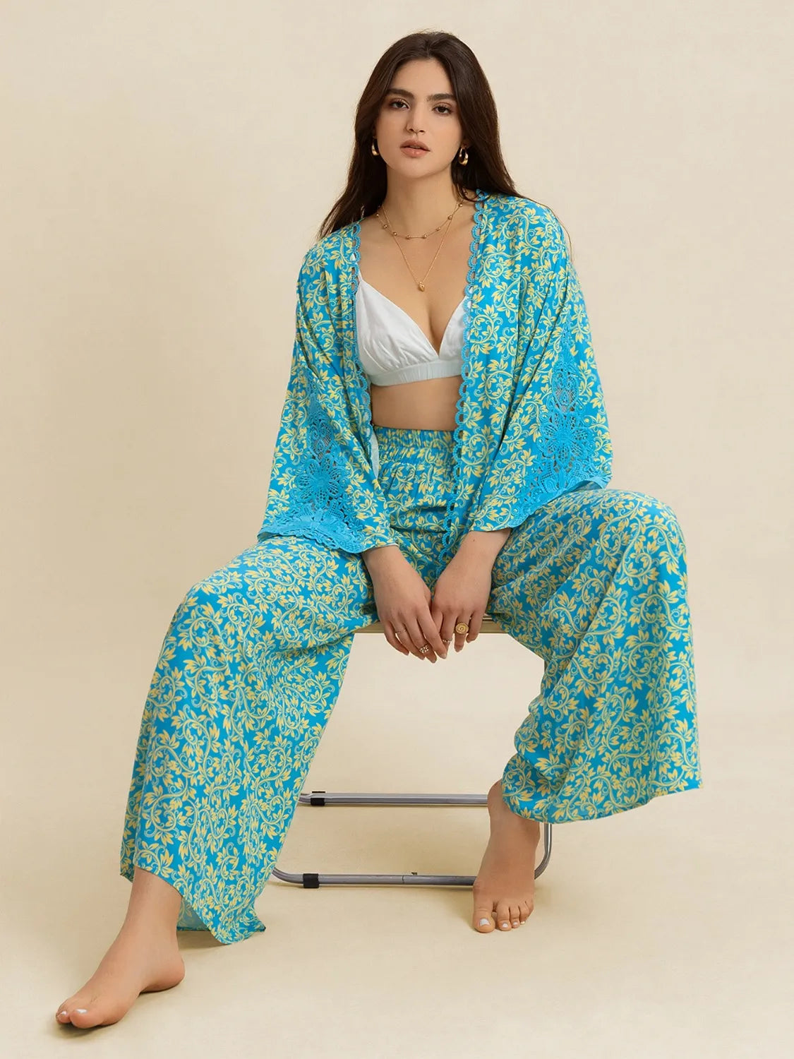 Open Front Printed Top and Pants Set-Nordavory