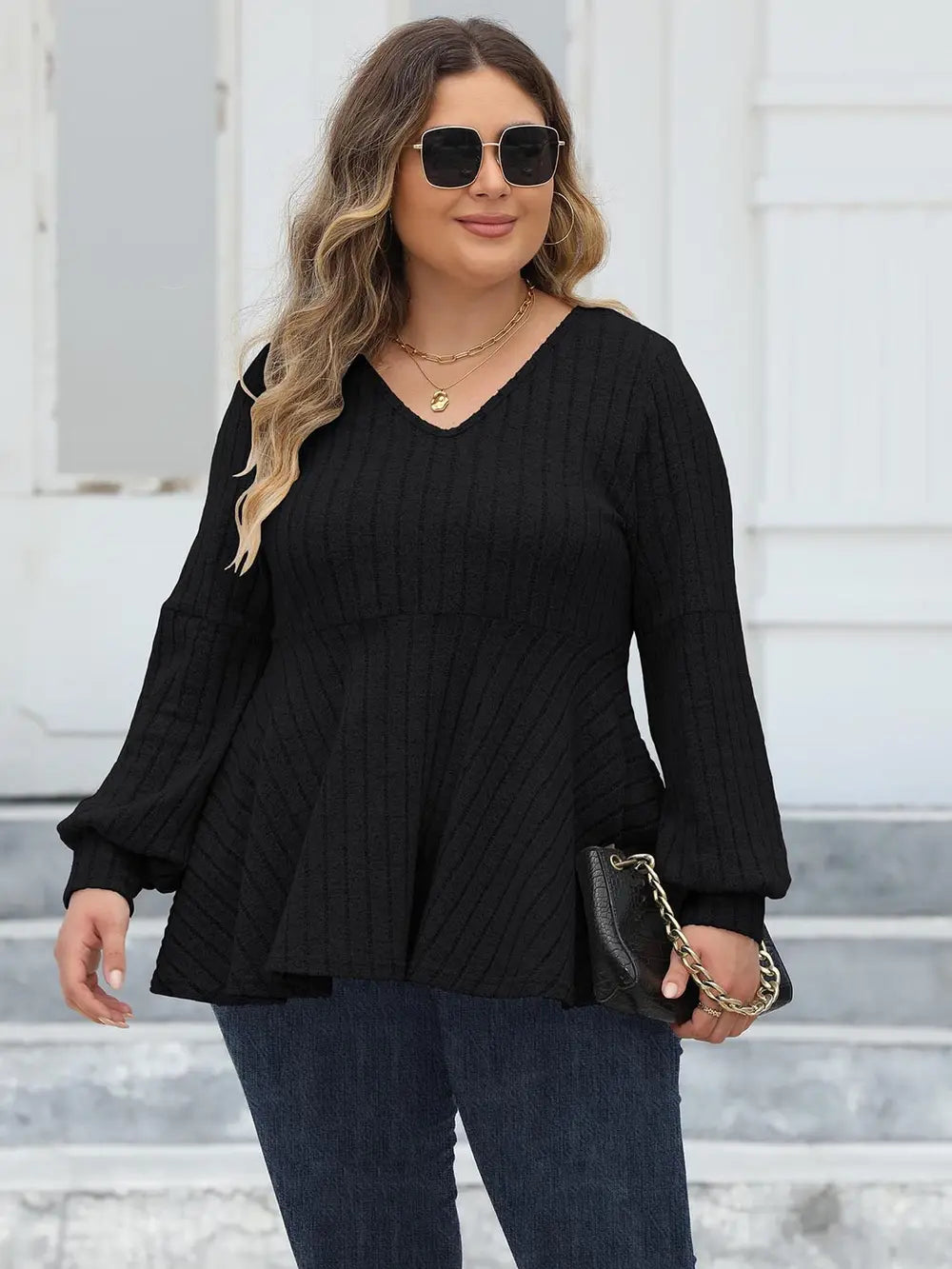Plus Size Ribbed V-Neck Long Sleeve Blouse-Nordavory