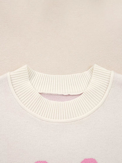 Bow Print Ribbed Trim Exposed Seam Drop Shoulder Loose Sweater-Nordavory