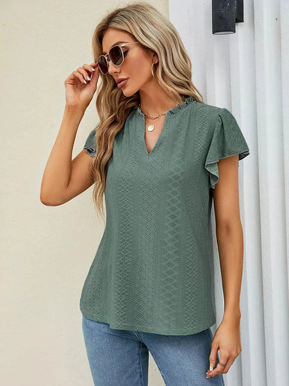 Eyelet Notched Short Sleeve T-Shirt-Nordavory