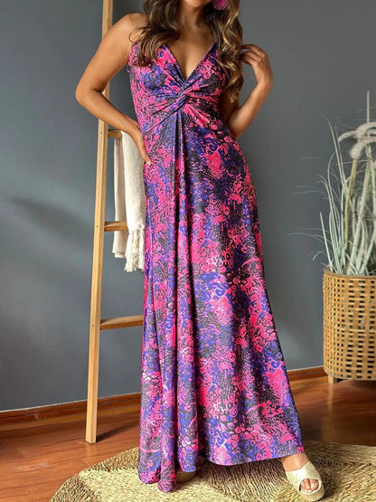 Tropical Print V-Neck Maxi Dress-Nordavory