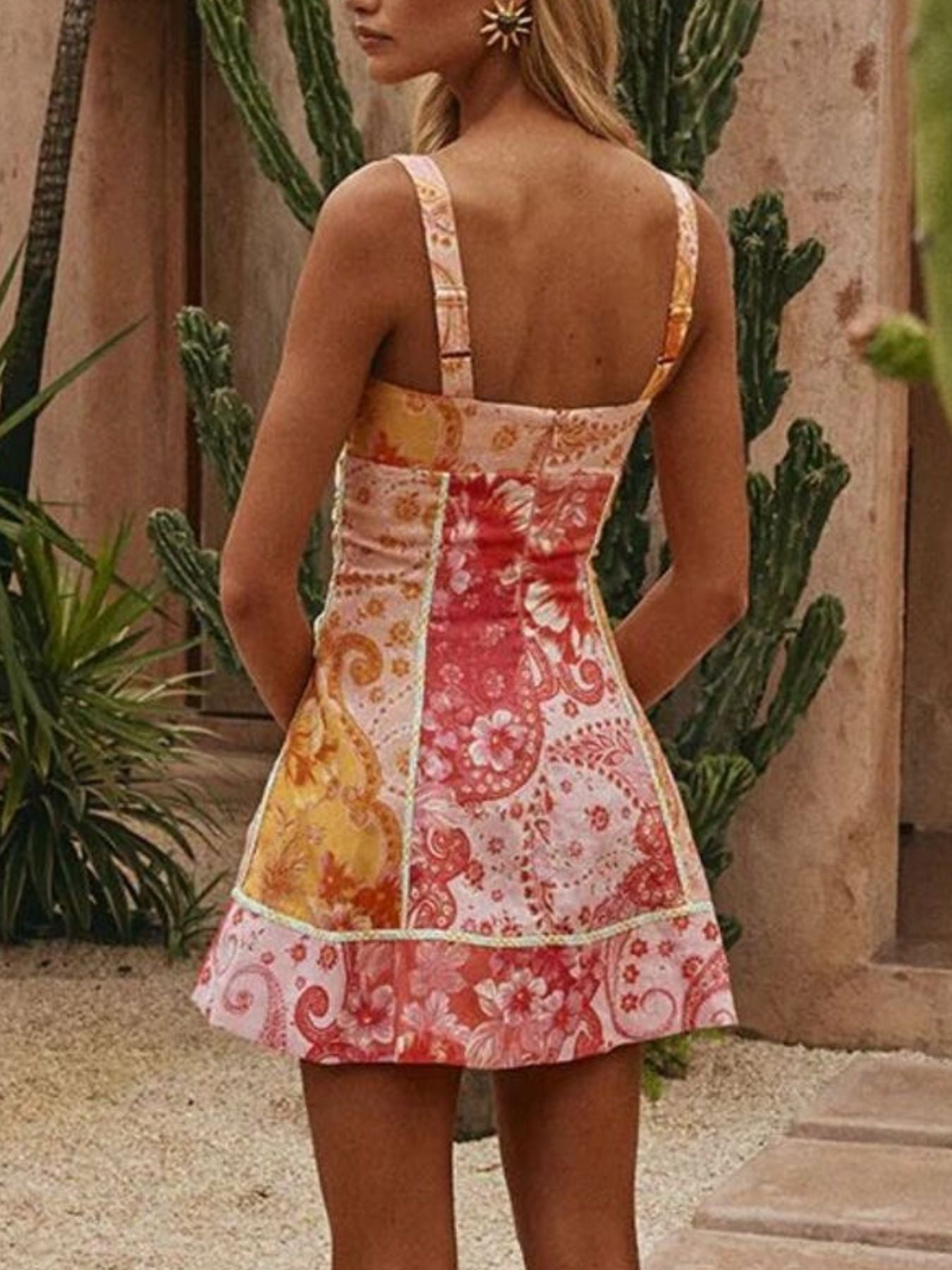 Floral Print Lace-Up Mini Dress-Nordavory