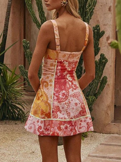 Floral Print Lace-Up Mini Dress-Nordavory