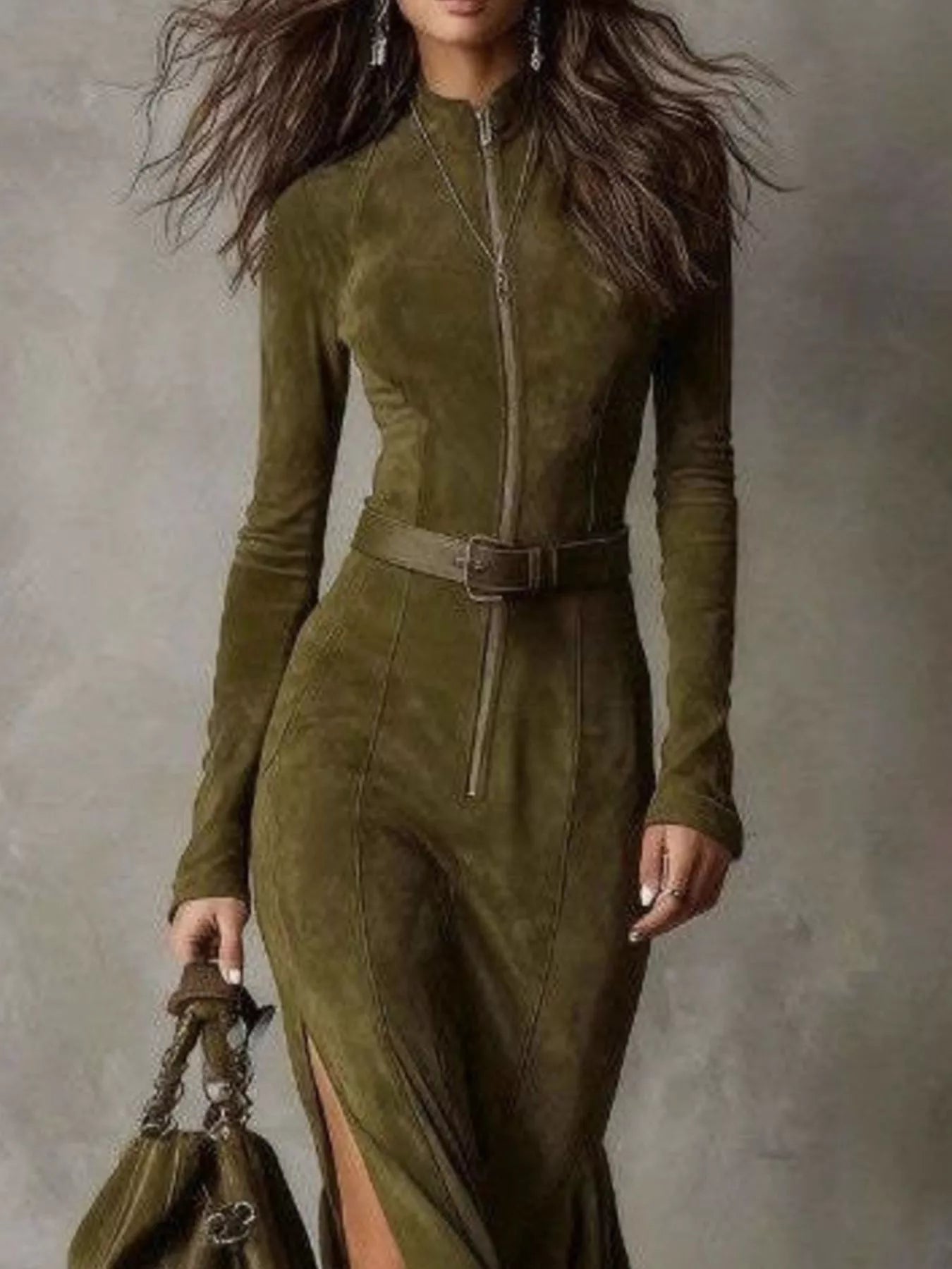 Full Size Slit Zip Front Long Sleeve Dress Plus Size-Nordavory