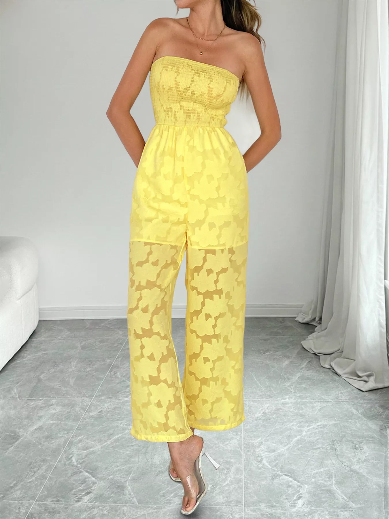 Lace Smocked Tube Jumpsuit-Nordavory