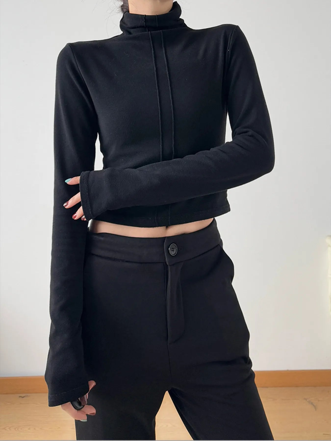 High Neck Long Sleeve Cropped T-Shirt-Nordavory