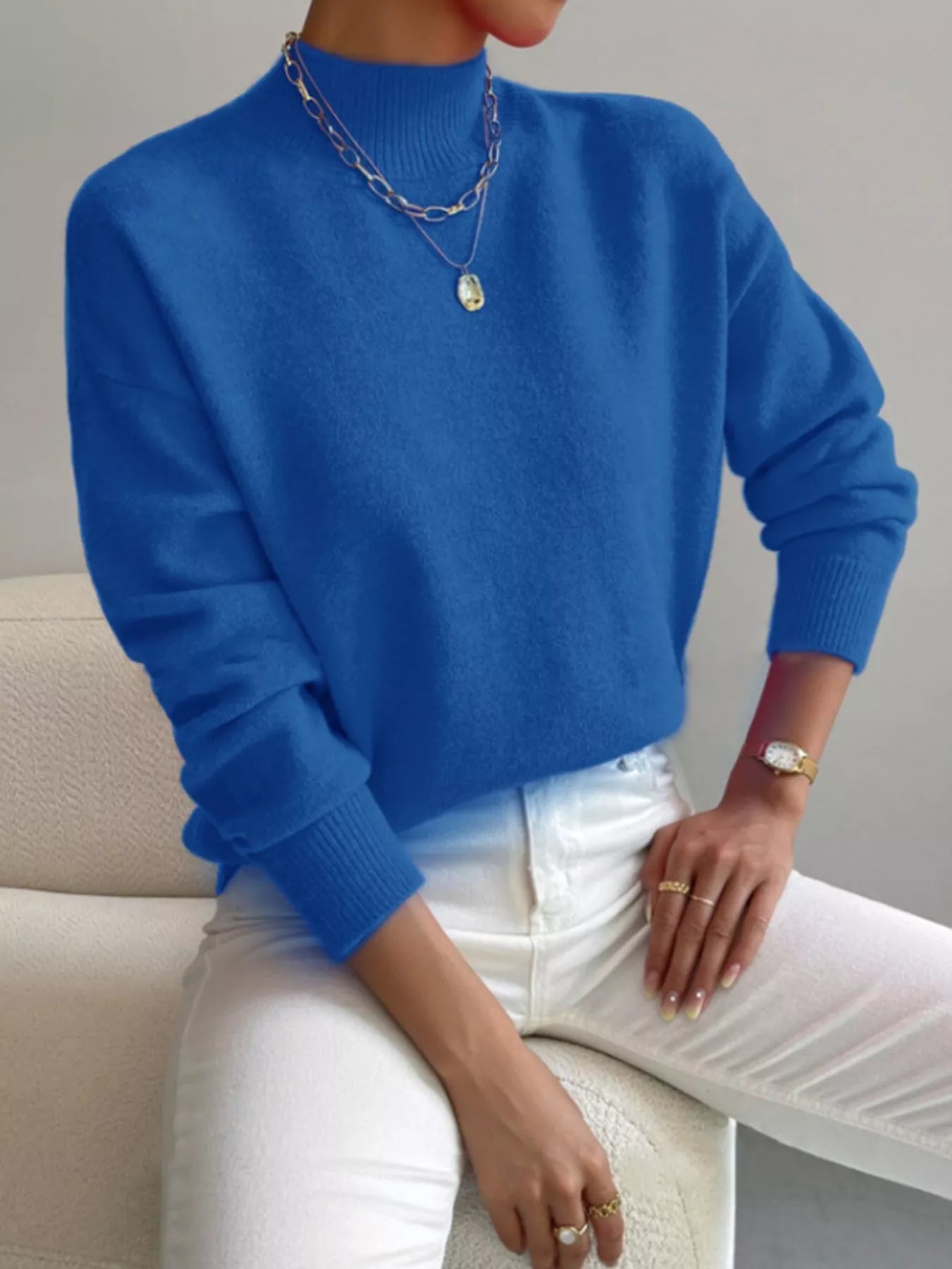 Mock Neck Dropped Shoulder Sweater-Nordavory
