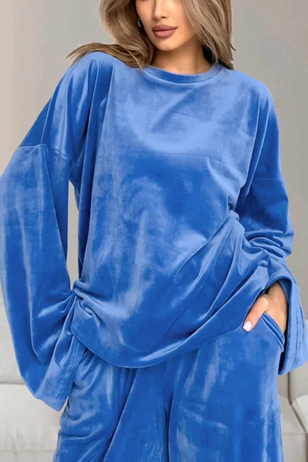 Buttery-Soft Round Neck Long Sleeve Top and Drawstring Pants Set-Nordavory