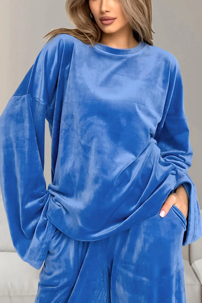 Buttery-Soft Round Neck Long Sleeve Top and Drawstring Pants Set-Nordavory