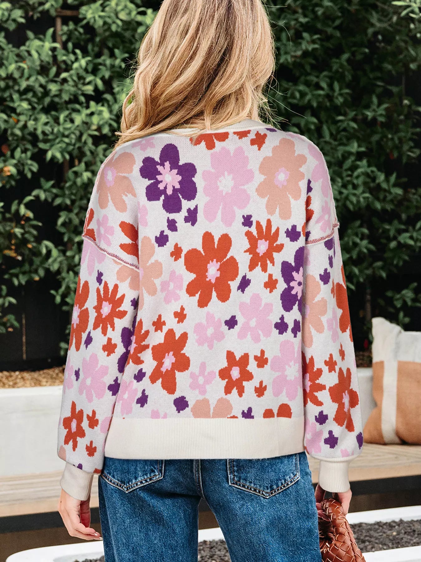 Floral Pattern Drop Shoulder Sweater-Nordavory
