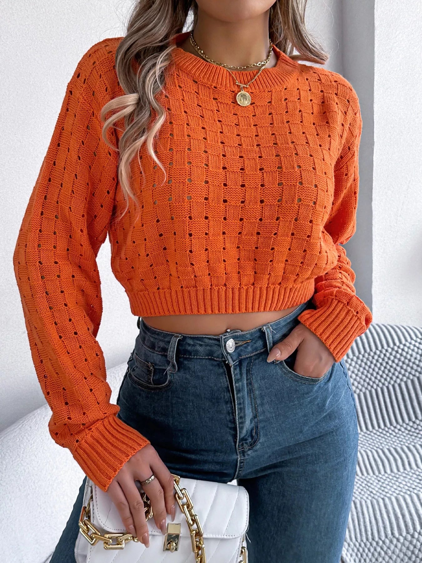 Cutout Back Openwork Round Neck Long Sleeve Sweater-Nordavory