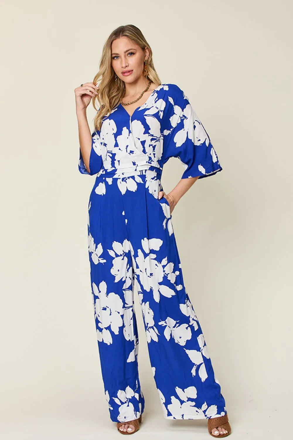 Double Take Full Size Printed Tie Back Wide Leg Jumpsuit-Nordavory