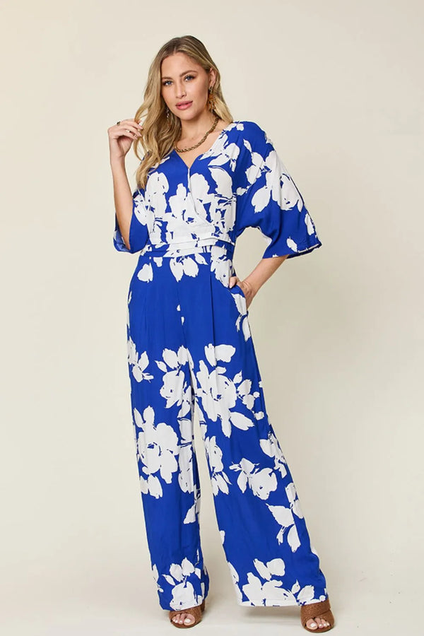 Double Take Full Size Printed Tie Back Wide Leg Jumpsuit-Nordavory