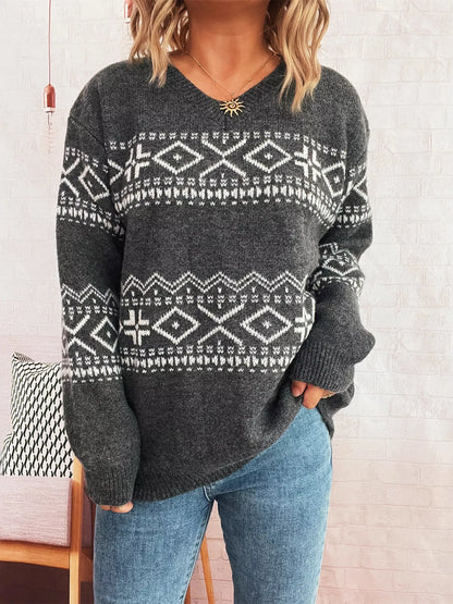 Geometric Dropped Shoulder Long Sleeve Sweater-Nordavory